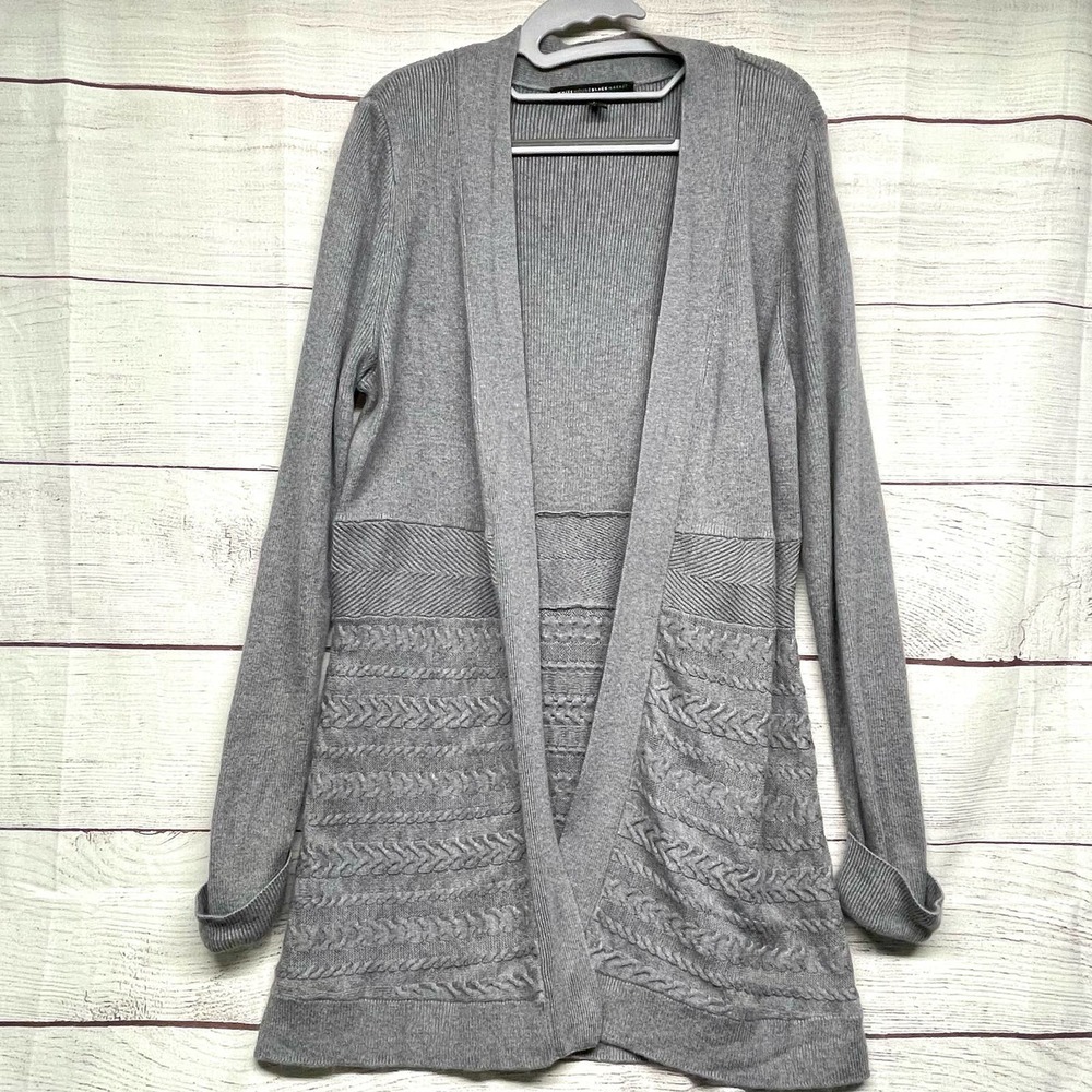White House Black Market Gray Open Front Long Line Cardigan Size L - Picture 1 of 12